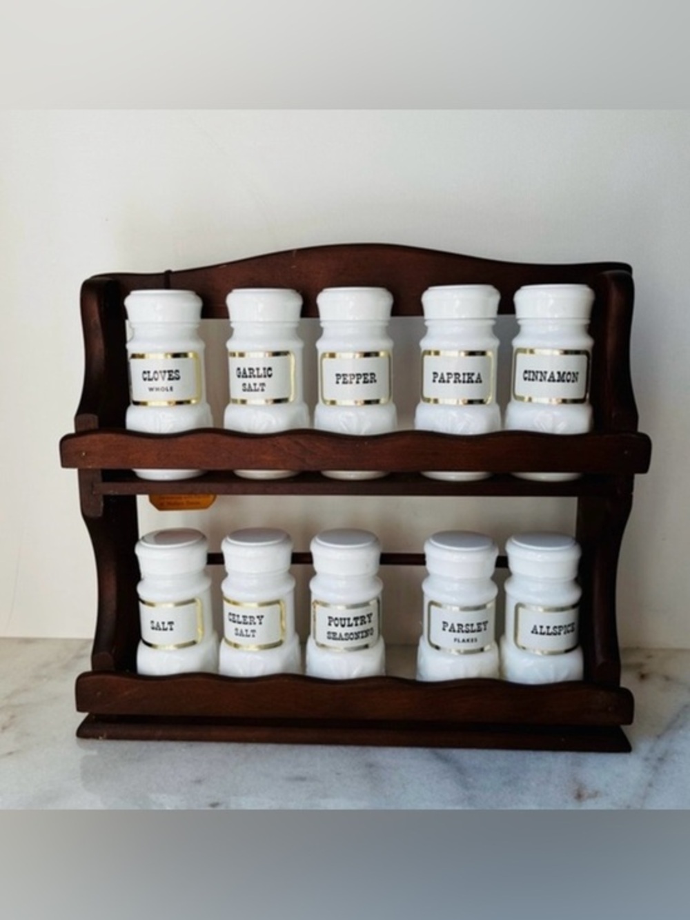 Vintage Wooden Spice Rack with 12 Milk Glass Spice Jars .